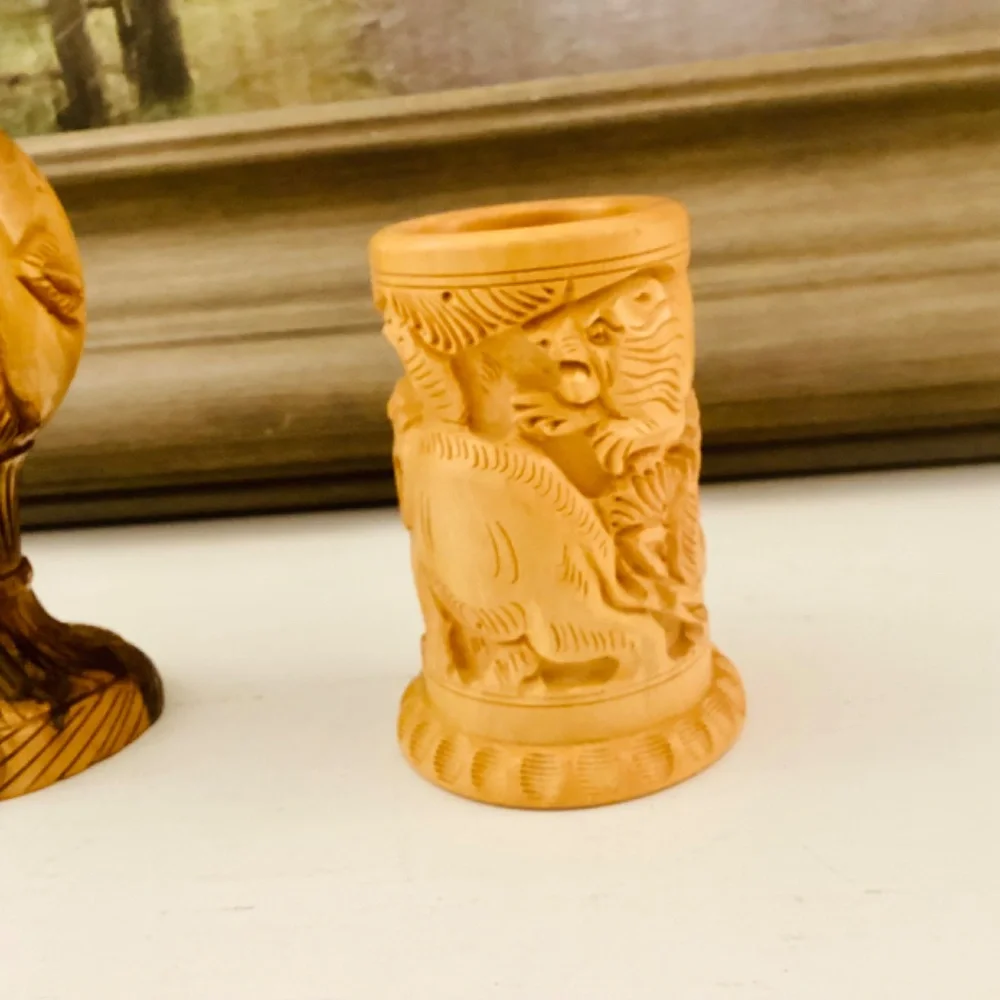 Handcrafted Carved Wooden Vase Pencil Holder Gift Set Of 2 Office Décor Vintage